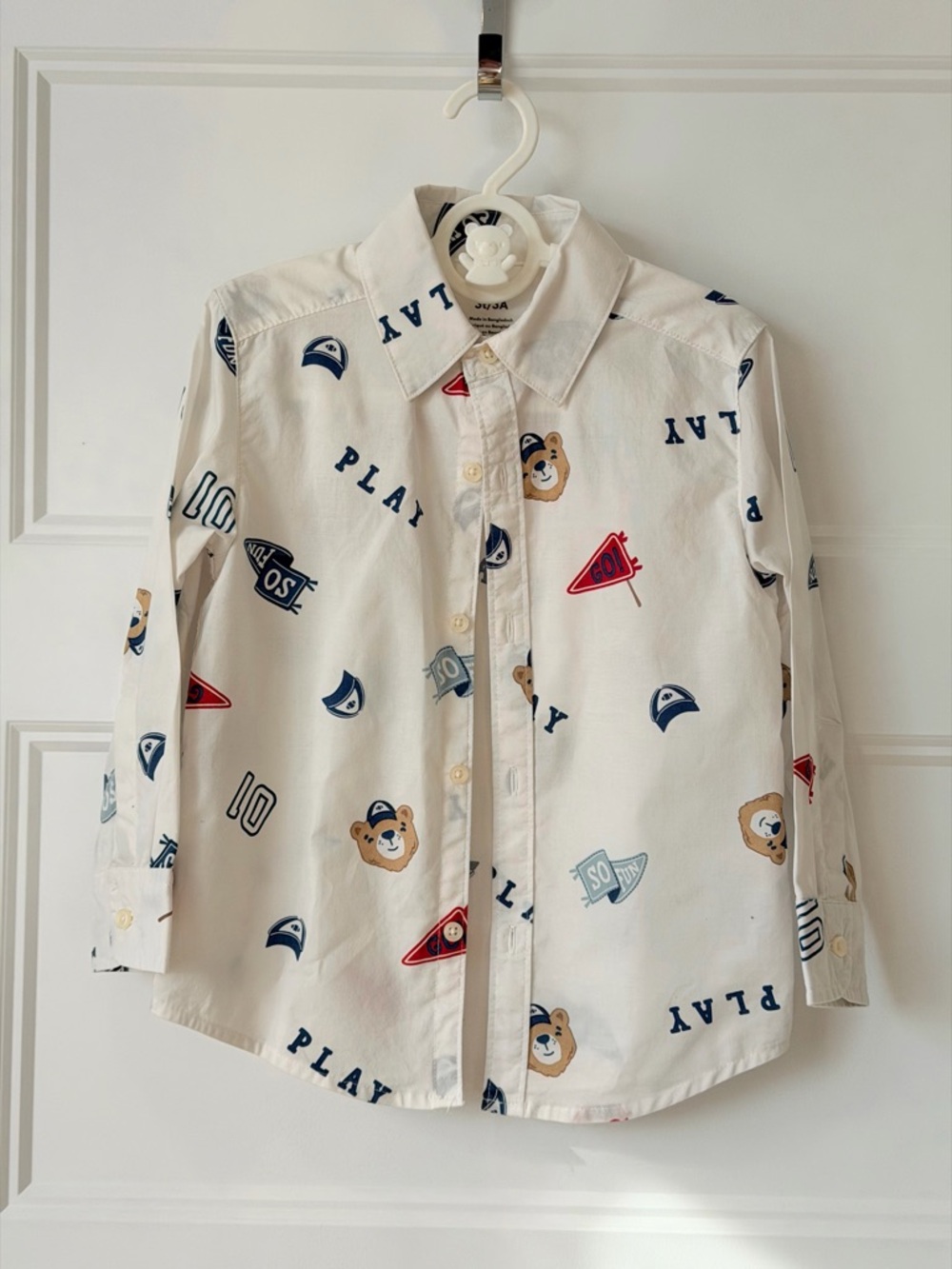 Carter's White Button-Down Shirt with Bear & Pennant Print